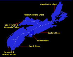 Map of Nova Scotia segregated into the 7 regions.