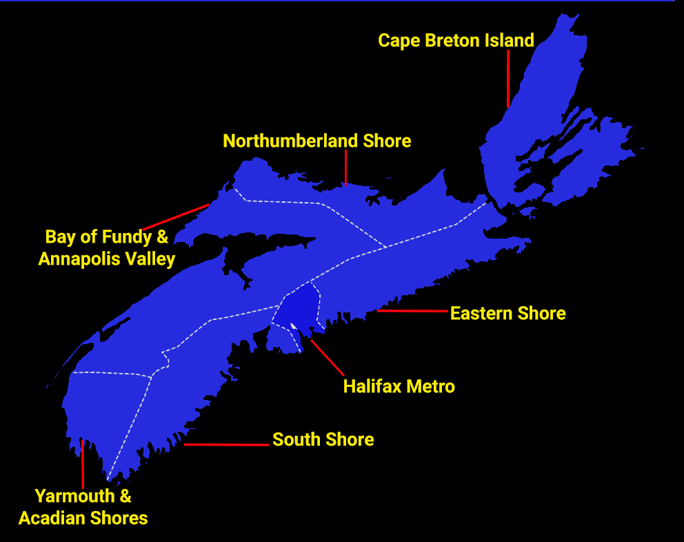 Map of Nova Scotia segregated into the 7 regions. Travel Guide to Nova Scotia