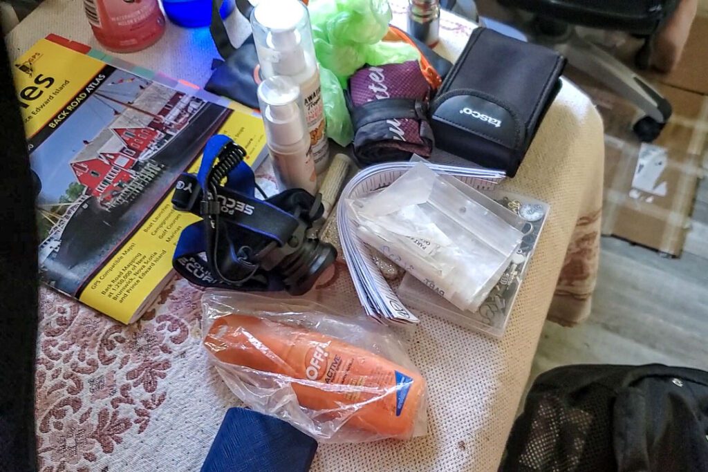 things to bring on a hike, close up of things like bug spray and sunscreen from my hiking gear.