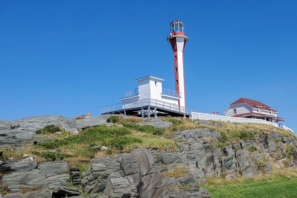 Cape Forchu Lighthouse standing tall on the rocks near Yarmouth