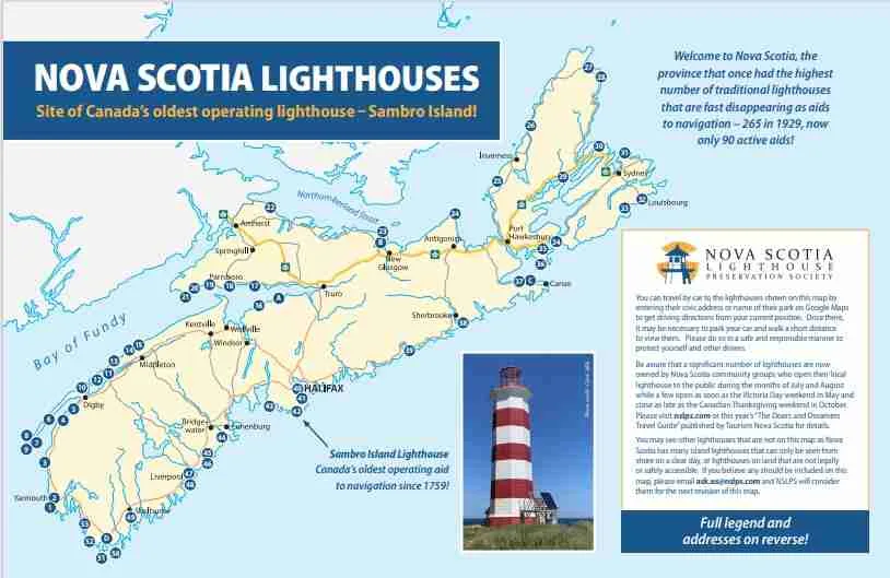 Front of the NSLPS's lighthouse map of Nova Scotia with lighthouses marked on it.